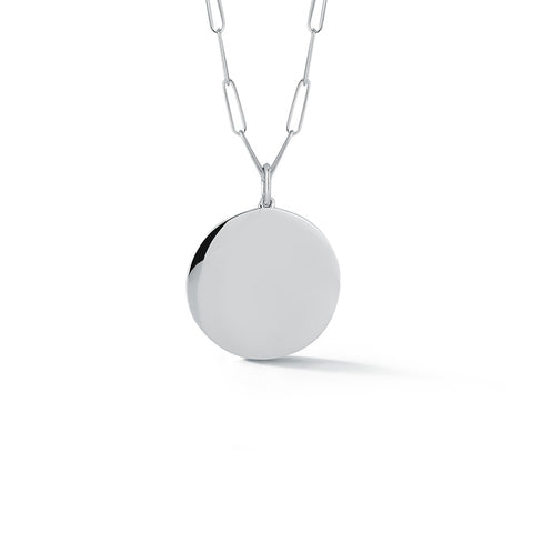 White Gold-1^Designer Gold Necklaces: DRD Paperclip Disc Charm Necklace in White Gold