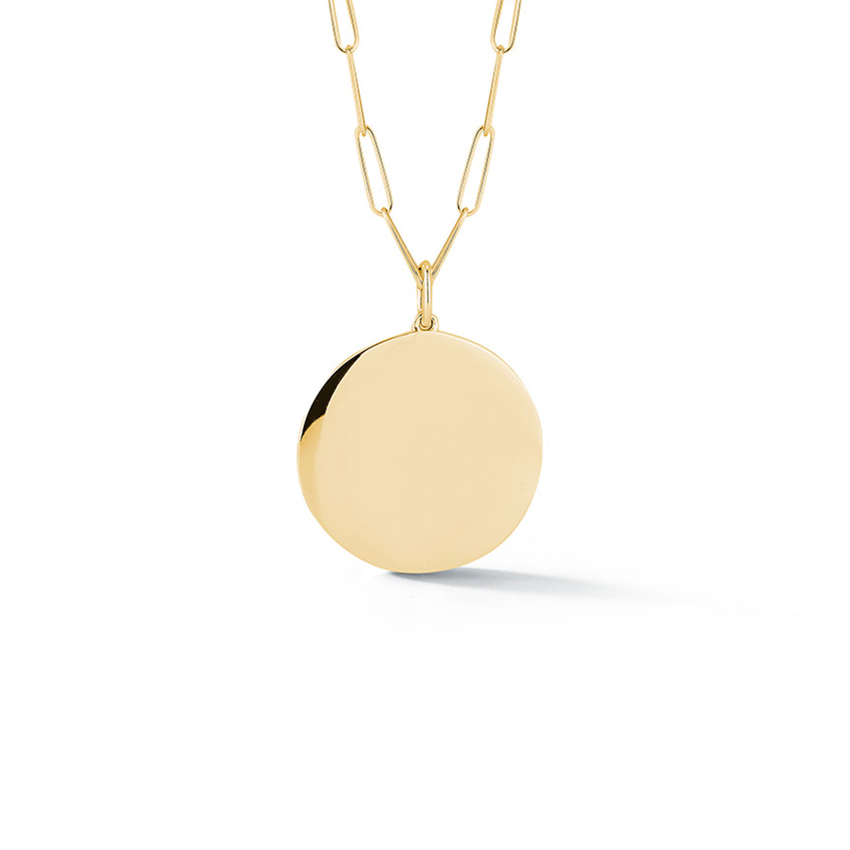 Yellow Gold-1^Designer Gold Necklaces: DRD Paperclip Disc Charm Necklace in Yellow Gold