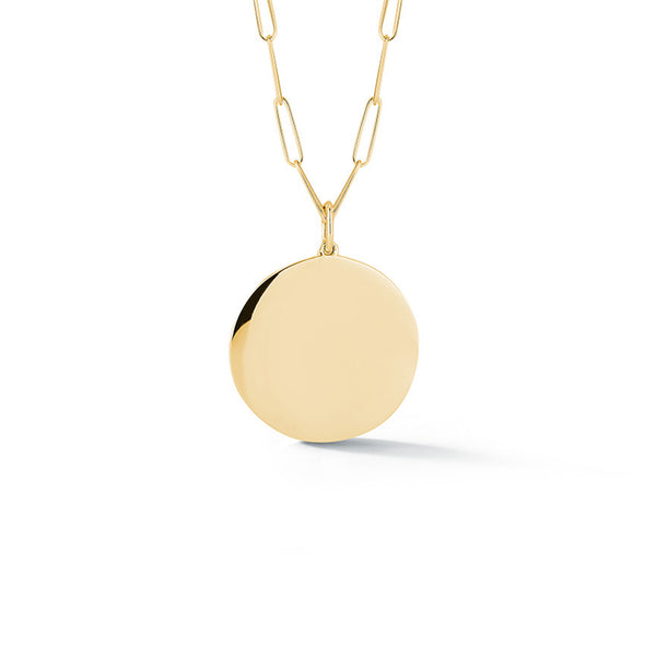 Yellow Gold-1^Designer Gold Necklaces: DRD Paperclip Disc Charm Necklace in Yellow Gold