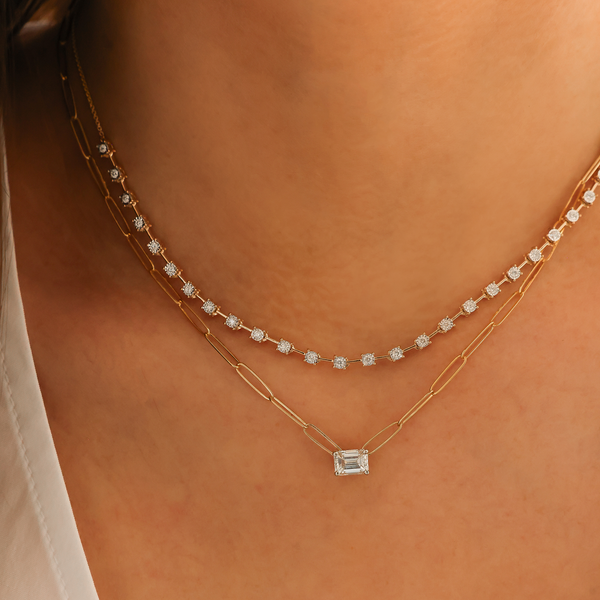 Yellow Gold-3^Diamond Pendant Necklaces: DRD 1.00 ct. Emerald Cut Diamond Solitaire on Paperclip Chain in Yellow Gold