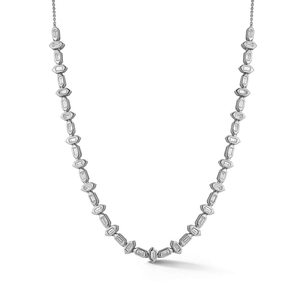 White Gold-1^Diamond Tennis Necklaces: Sadie Pearl Gold Hexagon Alternating Baguette Tennis Necklace in White Gold