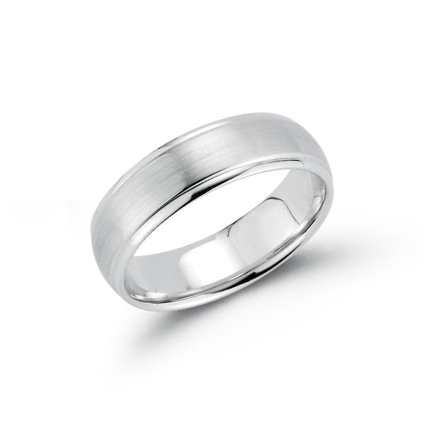 White Gold-1^Men's Wedding Bands: 6mm Mens Half Round Beveled Edge Wedding Band in White Gold