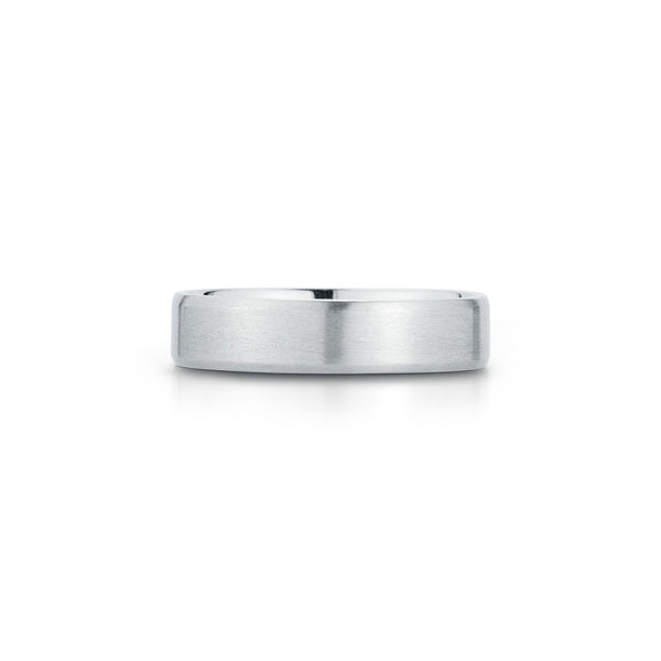 White Gold-2^Men's Wedding Bands: 5mm Mens Brushed Beveled Wedding Band in White Gold