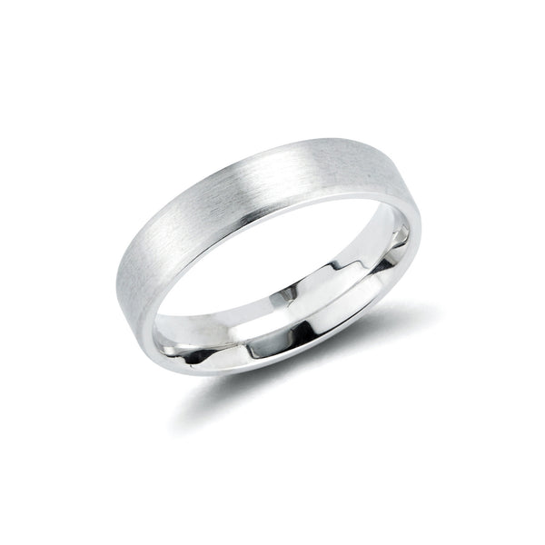 White Gold-1^Men's Wedding Bands: 5mm Mens Brushed Beveled Wedding Band in White Gold