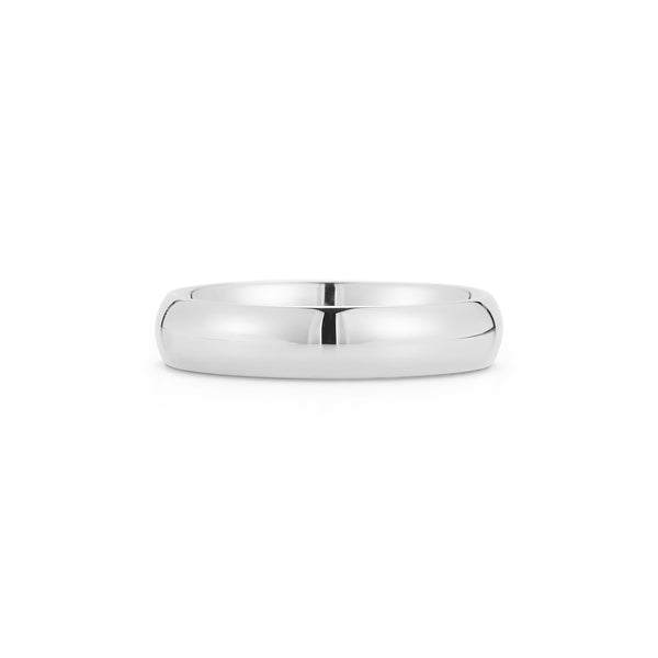 White Gold-4^Men's Wedding Bands: 5mm Mens Half Round Comfort Fit Wedding Ban in White Gold