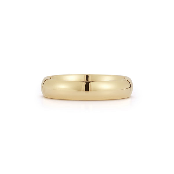 Yellow Gold-4^Men's Wedding Bands: 5mm Mens Half Round Comfort Fit Wedding Ban in Yellow Gold