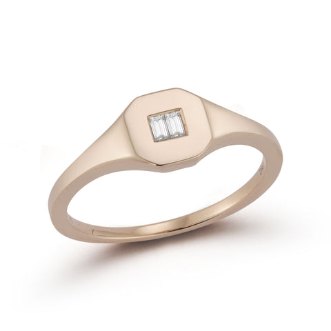 Rose Gold-1^Diamond Signet Rings: Sadie Pearl Double Baguette Signet Ring in Rose Gold