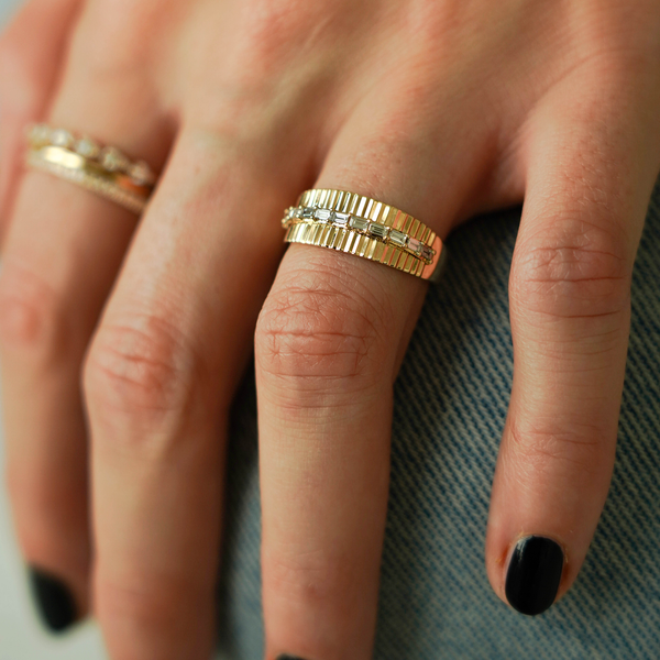 Yellow Gold-2^Designer Diamond Rings: Sadie Pearl Baguette Fluted Ring in Yellow Gold