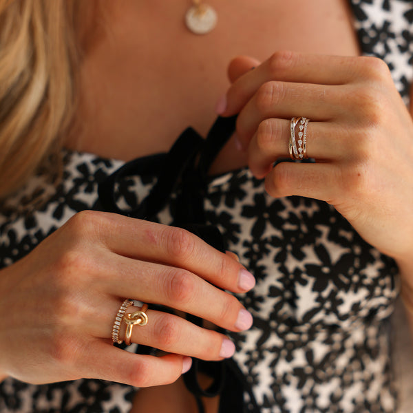 Yellow Gold-3^Stackable Rings: Reese Brooklyn Baguette Crossover Ring in Yellow Gold