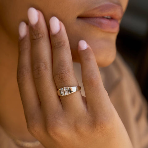 Rose Gold-2^Diamond Signet Rings: Sadie Pearl Tapered Baguette Signet Ring in Rose Gold