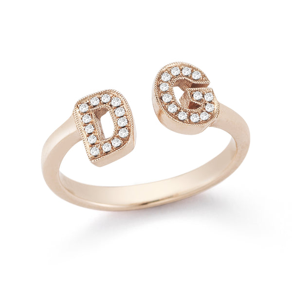 Rose Gold-1^Diamond Initial Rings: DRD Double Initial Diamond Ring In 14K Rose Gold