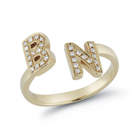 Yellow Gold-1^Diamond Initial Rings: DRD Double Initial Diamond Ring In 14K Yellow Gold