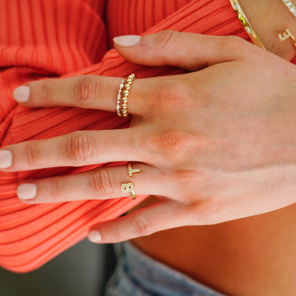 Yellow Gold-2^Diamond Initial Rings: DRD Double Initial Diamond Ring In 14K Yellow Gold