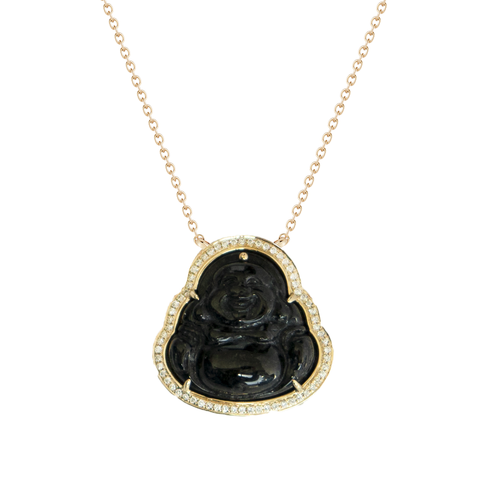 Buddha Necklace: Dana Rebecca Black Jade carved Buddha with Diamond halo set in yellow gold