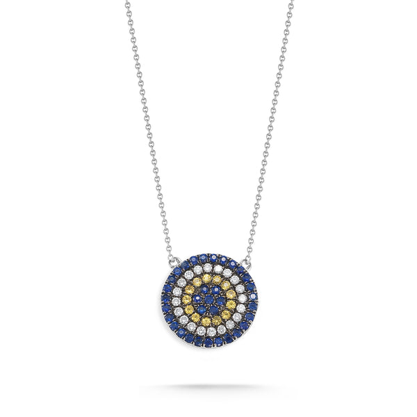 White Gold-1^Evil Eye Gold Necklaces: Carly Michelle Evil Eye Diamond and Blue Sapphire Necklace in White Gold Thumbnail-only