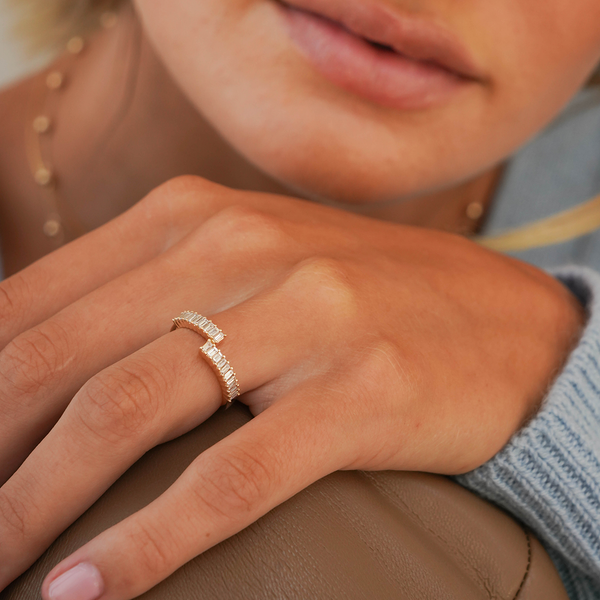 Rose Gold-2^Designer Diamond Rings: Sadie Pearl Baguette Diamond Split Ring in Rose Gold