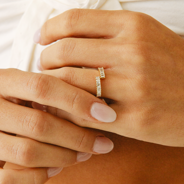 Rose Gold-4^Designer Diamond Rings: Sadie Pearl Baguette Diamond Split Ring in Rose Gold