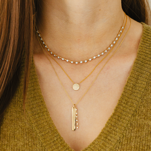 Yellow Gold-6^Diamond Bar Necklaces: Lulu Jack Vertical Bar and Diamond Bezel Link Necklace in Yellow Gold