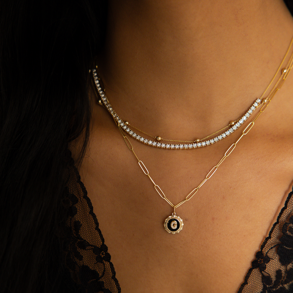 Rose Gold-3^Designer Diamond Necklaces: Reese Brooklyn Scalloped Initial Charm in Rose Gold