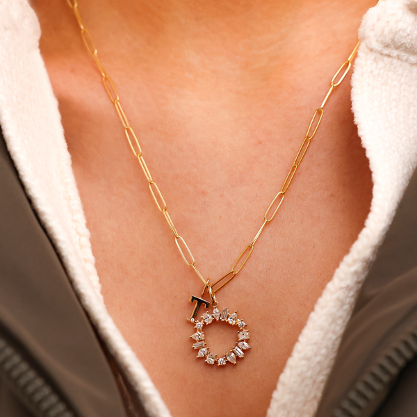 Yellow Gold-3^Designer Diamond Necklaces: DRD Gold Initial Charm in Yellow Gold