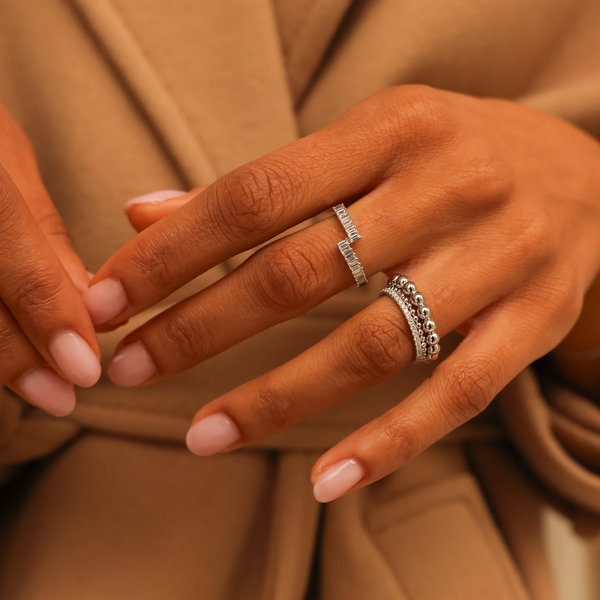 White Gold-3^Designer Diamond Rings: Sadie Pearl Baguette Diamond Split Ring in White Gold