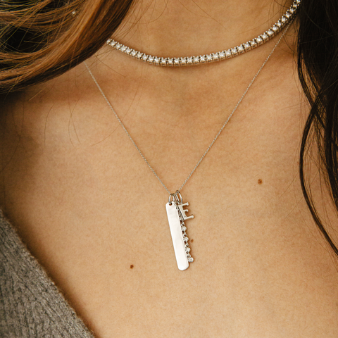 White Gold-2^Diamond Bar Necklaces: Lulu Jack Vertical Bar and Diamond Bezel Link Necklace in White Gold