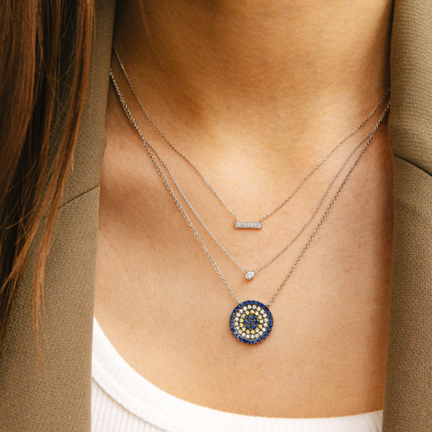 White Gold,Blue Sapphire^2 Evil Eye Gold Necklaces: Carly Michelle Evil Eye Diamond Blue Sapphire Necklace in White Gold