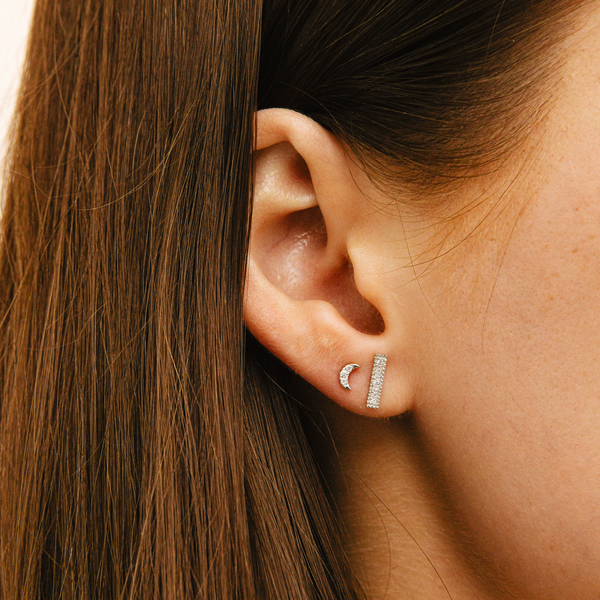 White Gold-2^Single Stud Earrings: Mini Crescent Moon Single Stud in White Gold