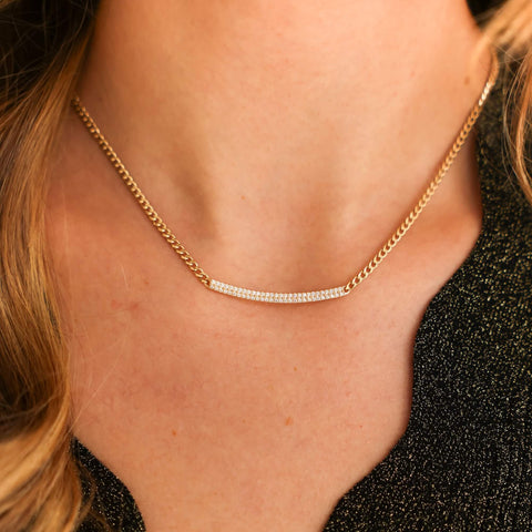 Yellow Gold-4^Designer Diamond Necklaces: Sylvie Rose Cuban Chain Long Bar Necklace in Yellow Gold