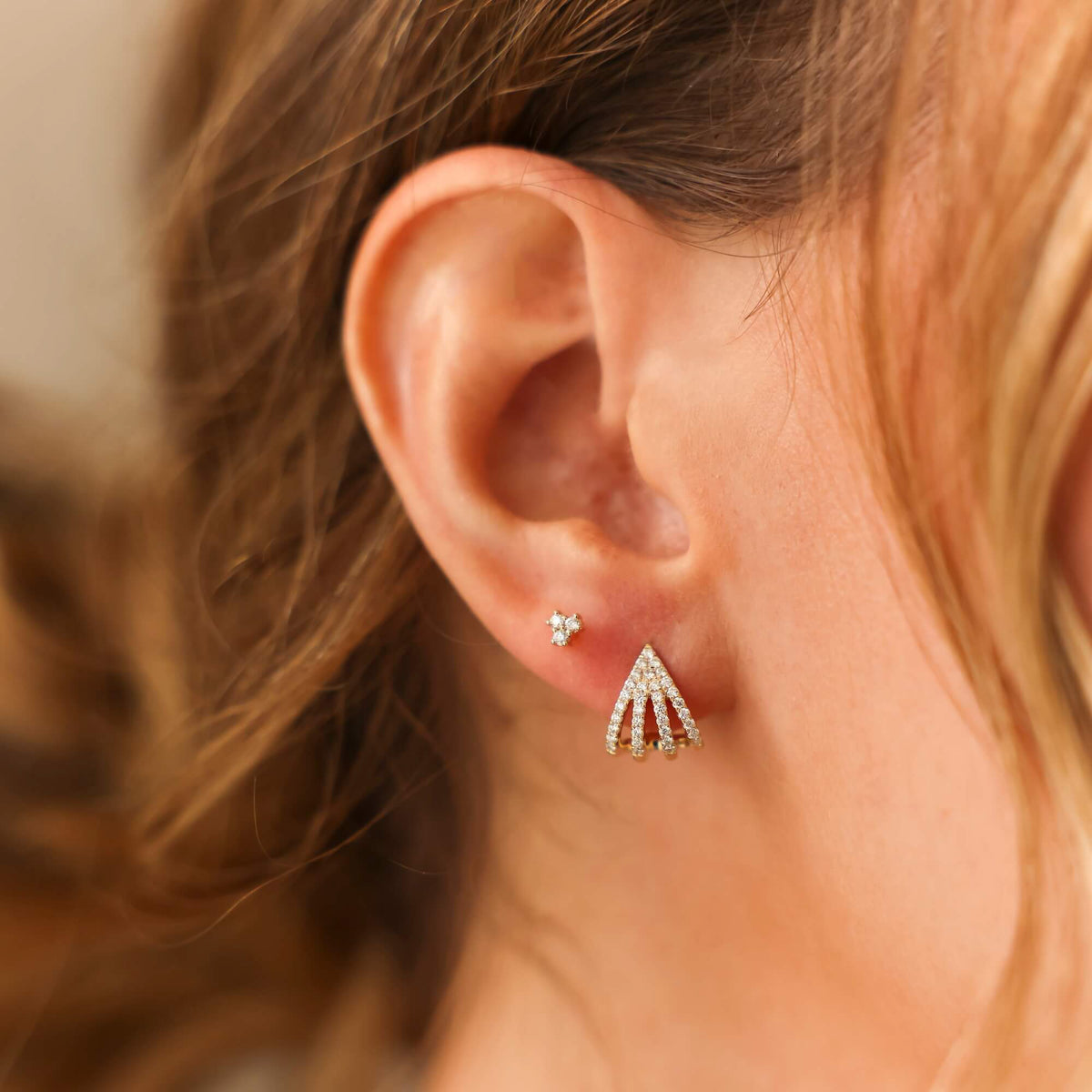 Rose Gold-3^Diamond Huggie Earrings: Sarah Leah Four Burst Huggies in Rose Gold