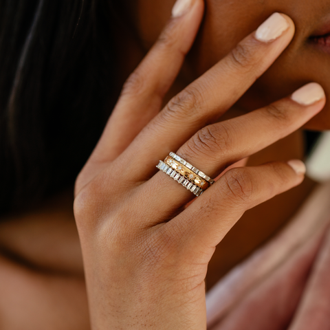 White Gold-6^Diamond Eternity Rings: Sadie Pearl Vertical Baguette Eternity Ring in White Gold