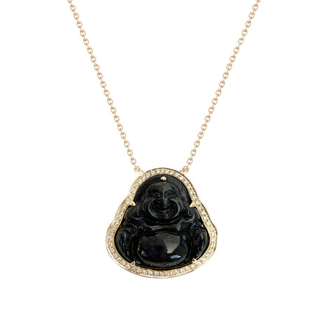 Buddha Necklace: Dana Rebecca Black Jade carved Buddha with Diamond halo set in yellow gold 