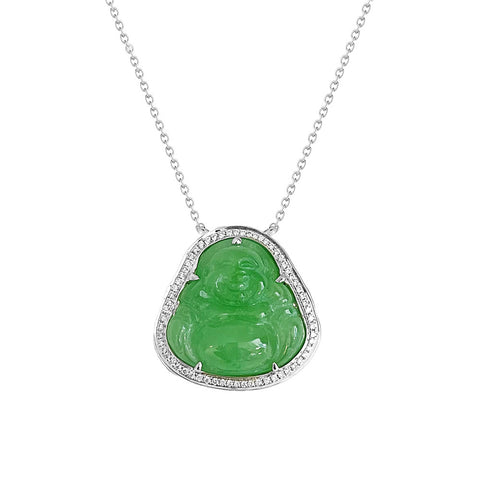 Green jade buddha with white gold diamond halo