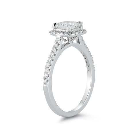 Diamond Engagement Rings: Halo Pavé Cathedral Engagement Ring with 1.04 ct. Cushion in White Gold