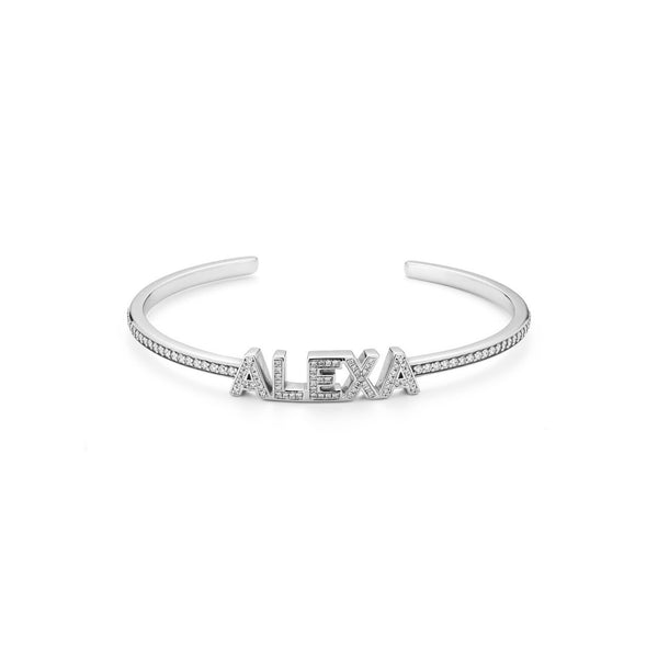 White Gold-4^Diamond Cuff Bracelets: DRD Diamond Name Cuff in White Gold