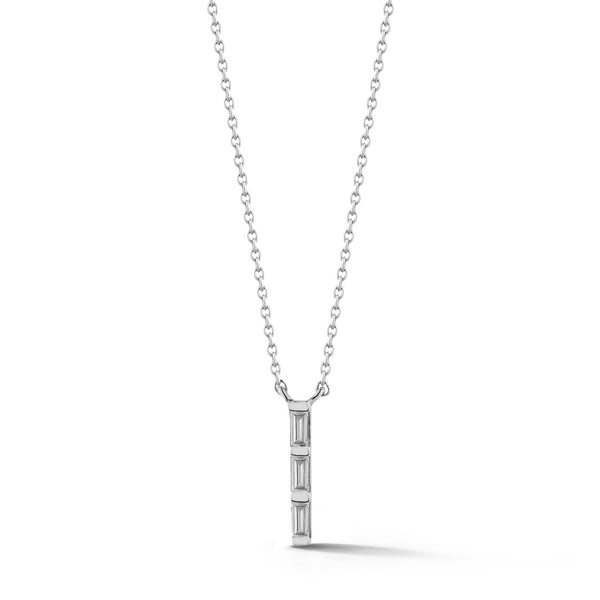 White Gold-1^Diamond Bar Necklaces: Sadie Pearl Baguette Vertical Drop Necklace in White Gold