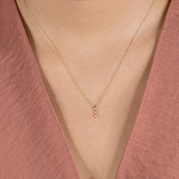 Rose Gold-2^Diamond Bar Necklaces: Sadie Pearl Baguette Vertical Drop Necklace in Rose Gold