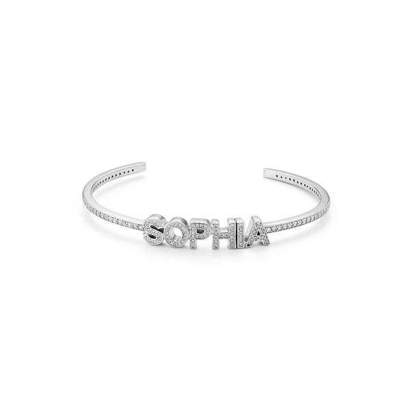 White Gold-6^Diamond Cuff Bracelets: DRD Diamond Name Cuff in White Gold