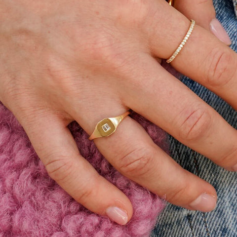 Yellow Gold-3^Diamond Signet Rings: Sadie Pearl Double Baguette Signet Ring in Yellow Gold