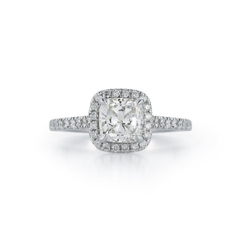 Diamond Engagement Rings: Halo Pavé Cathedral Engagement Ring with 1.04 ct. Cushion in White Gold