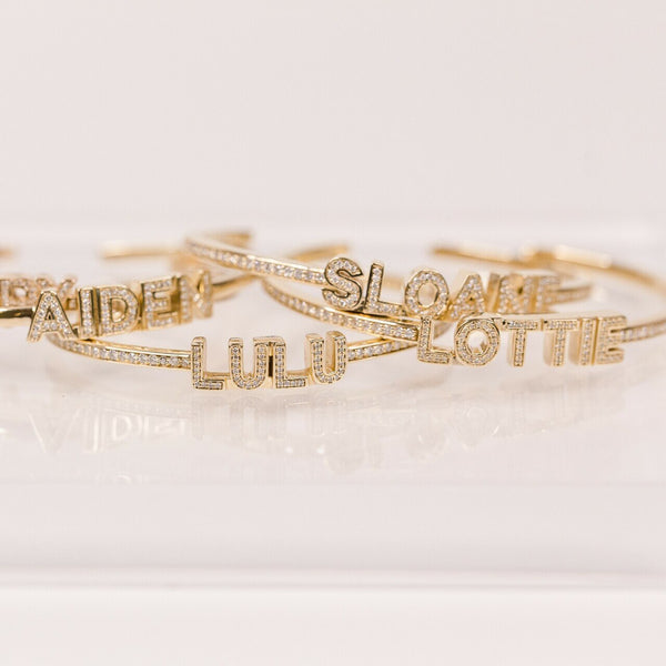 Yellow Gold-6^Diamond Cuff Bracelets: DRD Diamond Name Cuff in Yellow Gold