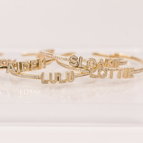 Yellow Gold-6^Diamond Cuff Bracelets: DRD Diamond Name Cuff in Yellow Gold