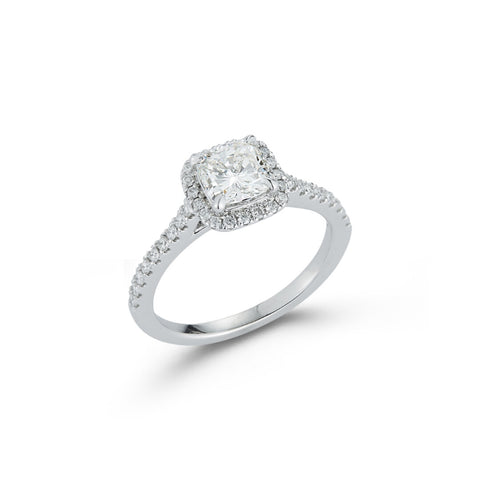 Diamond Engagement Rings: Halo Pavé Cathedral Engagement Ring with 1.04 ct. Cushion in White Gold